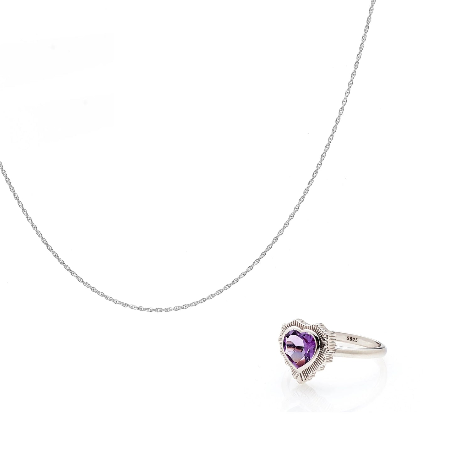 Fine Rope Necklace + Amour Ring Set Brazilian Amethyst + Silver