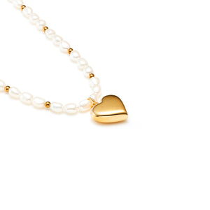 Pearl puffed heart necklace in 14k gold-plated stainless steel with freshwaters pearls and gold hematite beads.