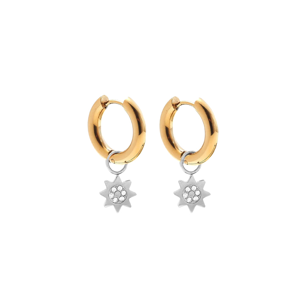 Silk & Steel Two-tone Nova hoop earrings with cubic zirconia in silver and gold-plated stainless steel.