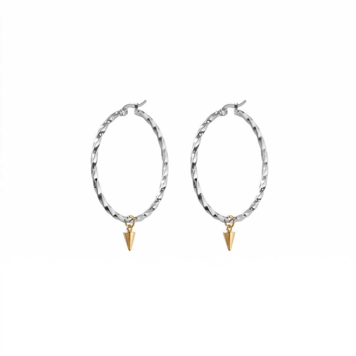 Large Two Tone Twisted Spike Hoops Silver + Gold