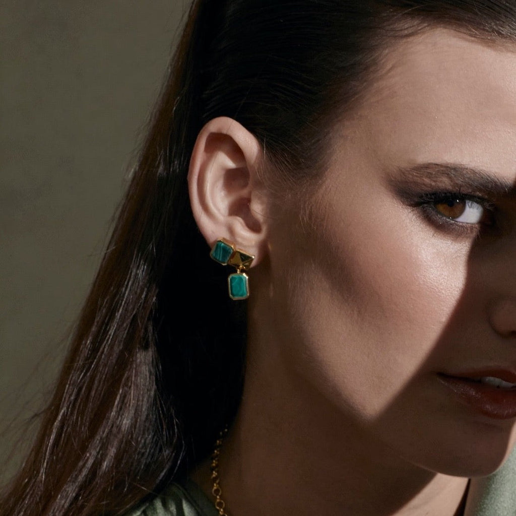 Silk & Steel Jewellery Athena Drop Earrings Green Malachite + Silver