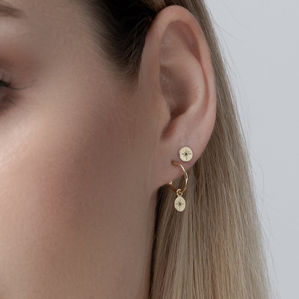 Petite North Star Hoop Earrings Black Diamond + Gold