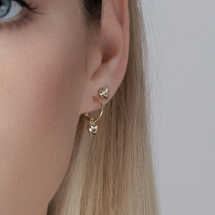 Petite Puffed Heart Hoop Earrings Black Diamond + Gold