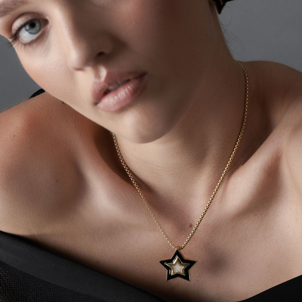 Supernova Star Pendant Necklace in 14k gold-plated stainless steel with Black Enamel and Clear Cubic Zirconias| Silk & Steel Jewellery