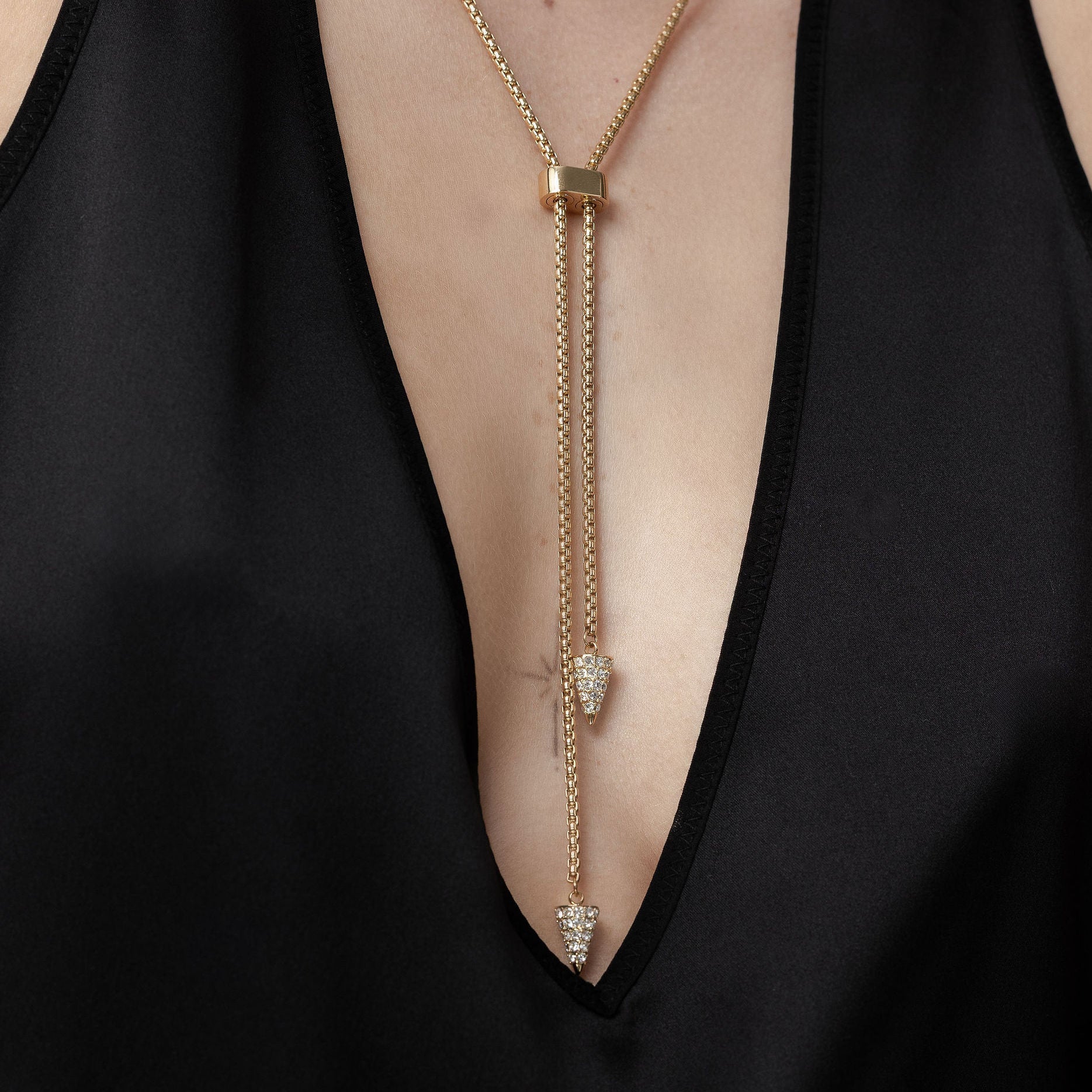 Voltage Lariat Necklace in 14k gold-plated stainless steel with Clear Cubic Zirconias | Silk & Steel Jewellery