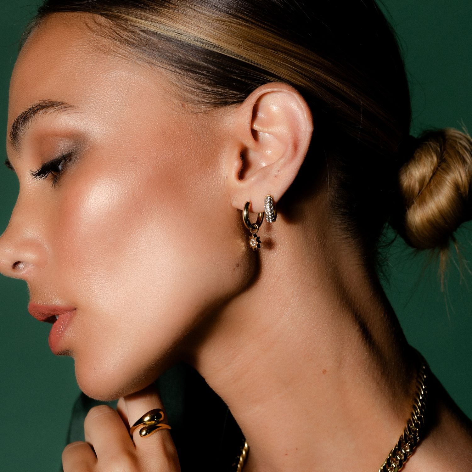 Silk & Steel Astra hoop earring with cubic zirconia in 14k gold-plated stainless steel.