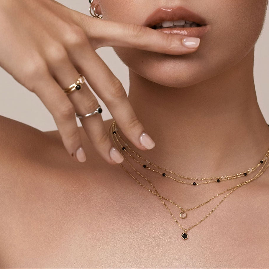 Silk & Steel Dotty and Harmony Necklace with natural black spinel in 14k gold-plated sterling silver