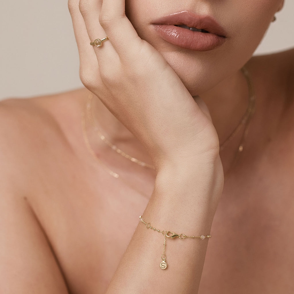 Silk & Steel Dotty Bracelet with natural crystal quartz in 14k gold-plated sterling silver