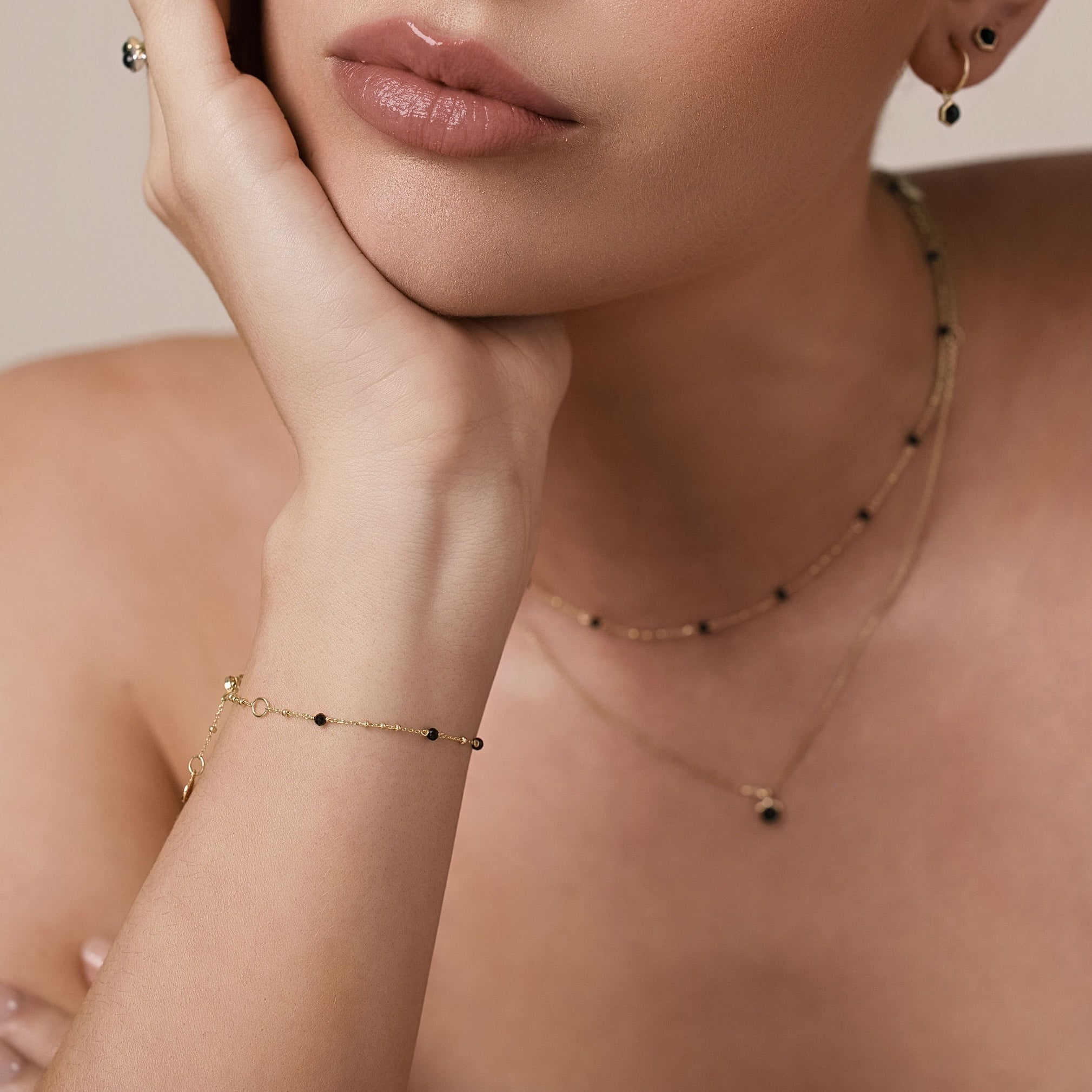 Silk & Steel Dotty Bracelet with natural black spinel in 14k gold-plated sterling silver