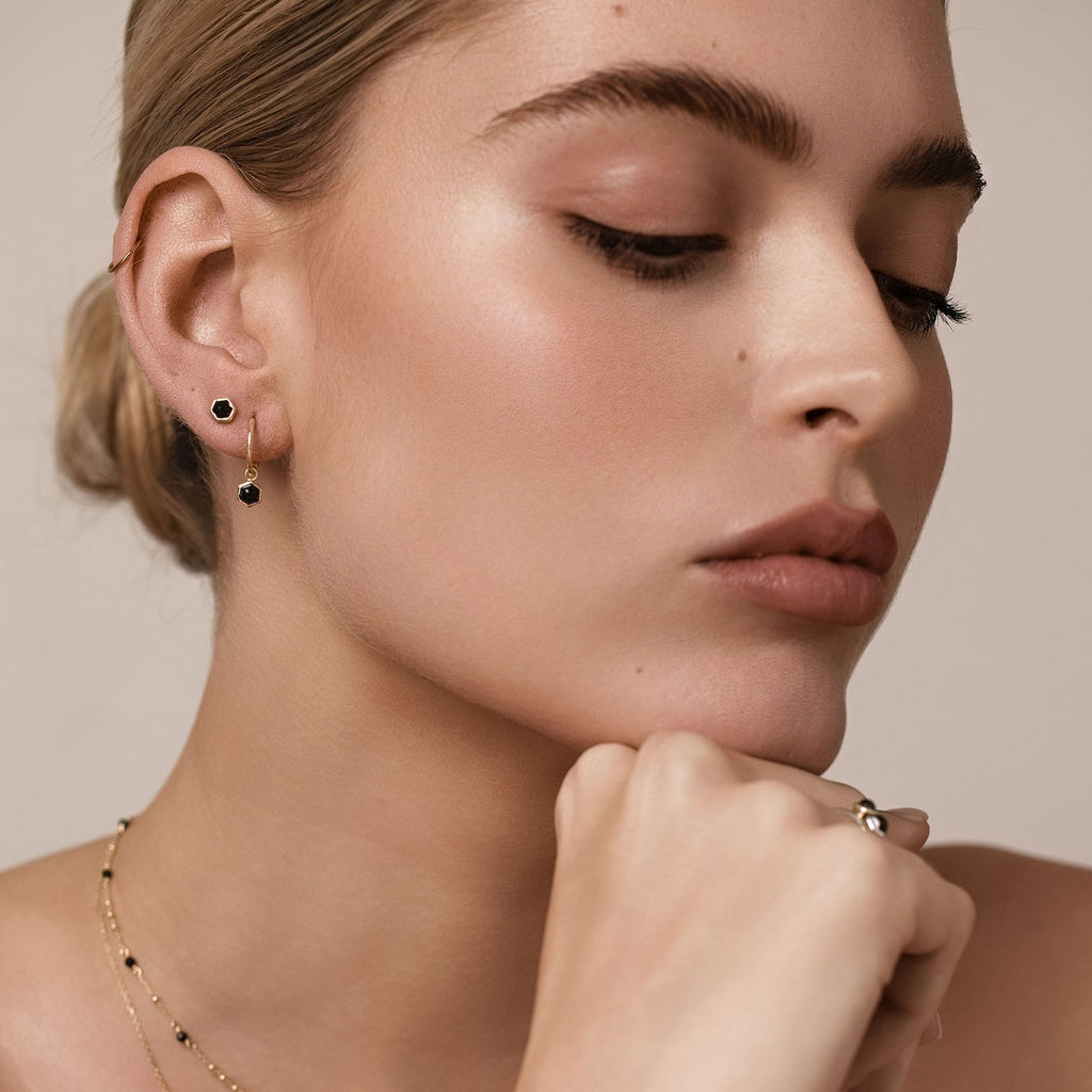 Silk & Steel Mini Harmony hoops and studs with natural black spinel in 14k gold-plated sterling silver