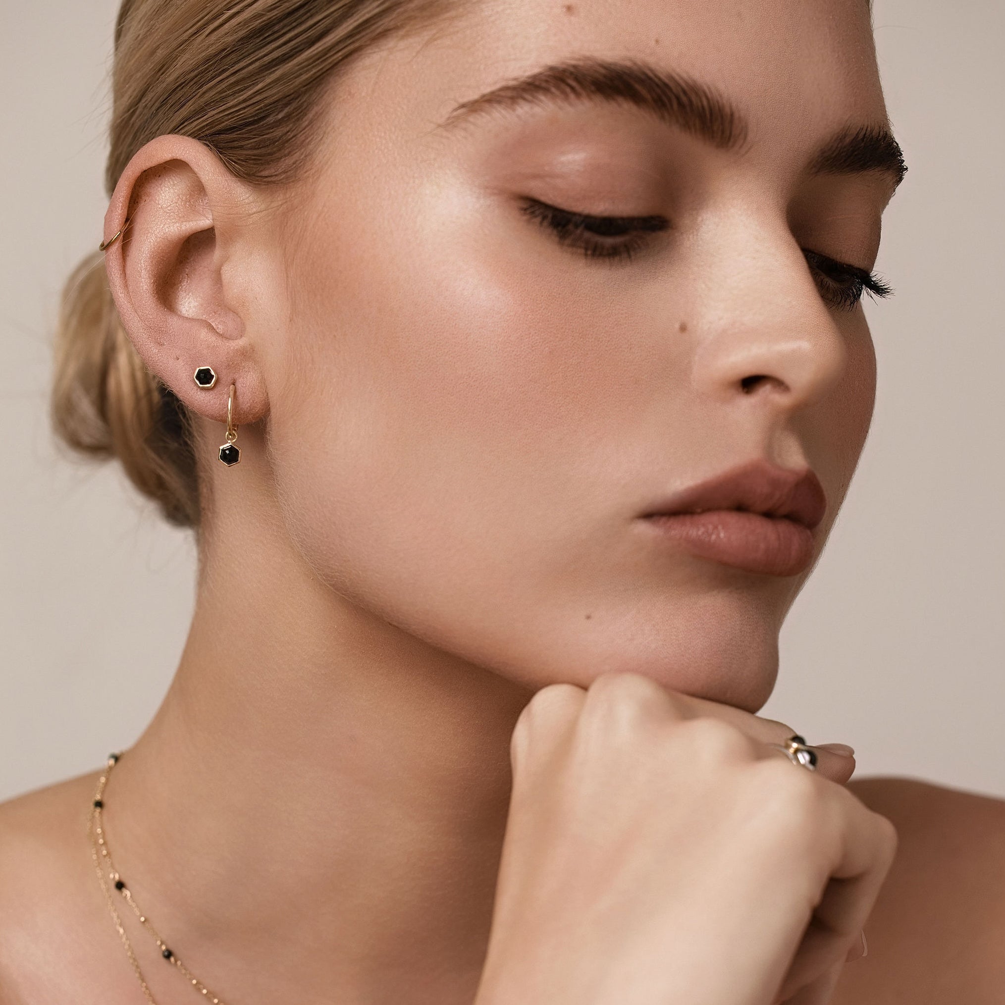 Silk & Steel Mini Harmony hoops and studs with natural black spinel in 14k gold-plated sterling silver