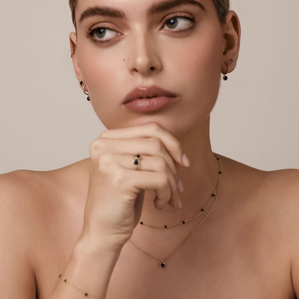 Silk & Steel Dotty and Harmony Necklace with natural black spinel in 14k gold-plated sterling silver