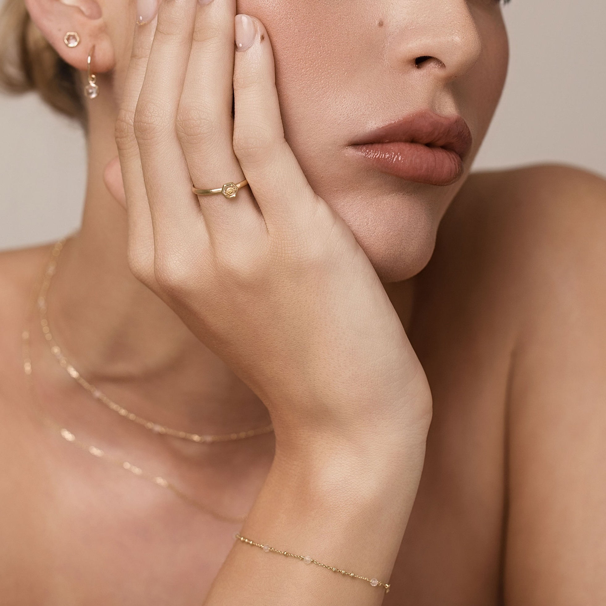 Silk & Steel Mini Harmony ring with natural crystal quartz gemstone in 14k gold-plated sterling silver