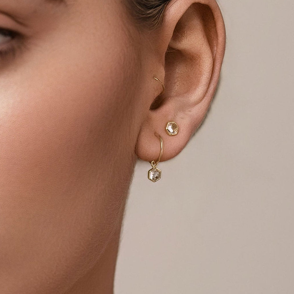 Silk & Steel Mini Harmony hoops and studs with natural crystal quartz in 14k gold-plated sterling silver