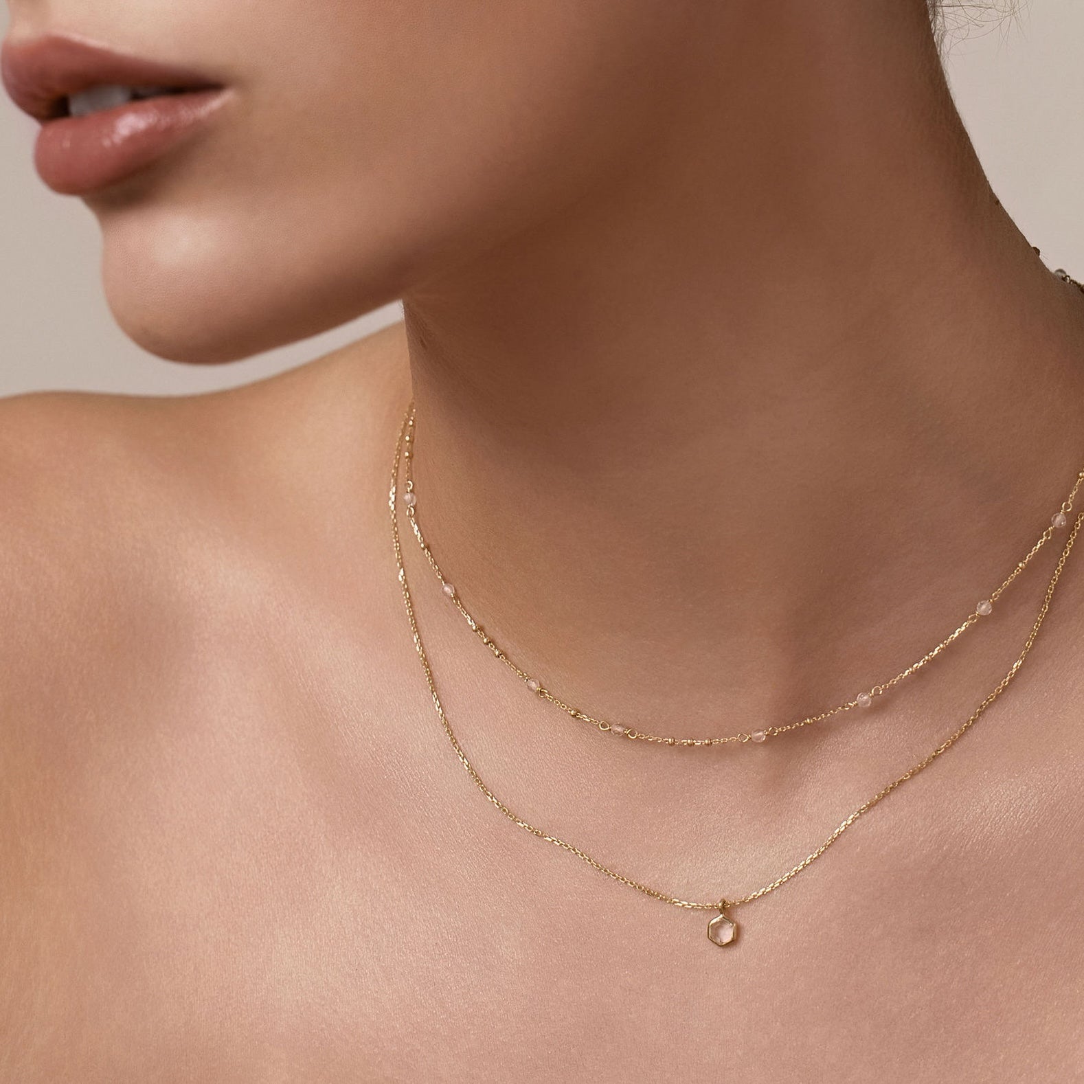 Silk & Steel Dotty and Mini Harmony Necklace with natural crystal quartz in 14k gold-plated sterling silver