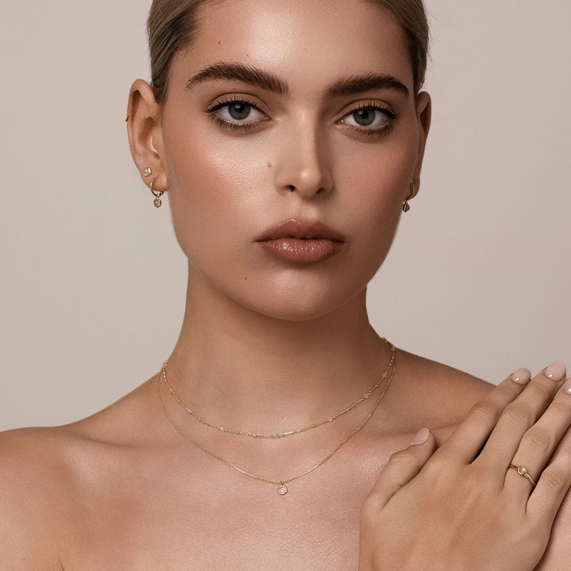 Silk & Steel Dotty and Mini Harmony Necklace with natural crystal quartz in 14k gold-plated sterling silver