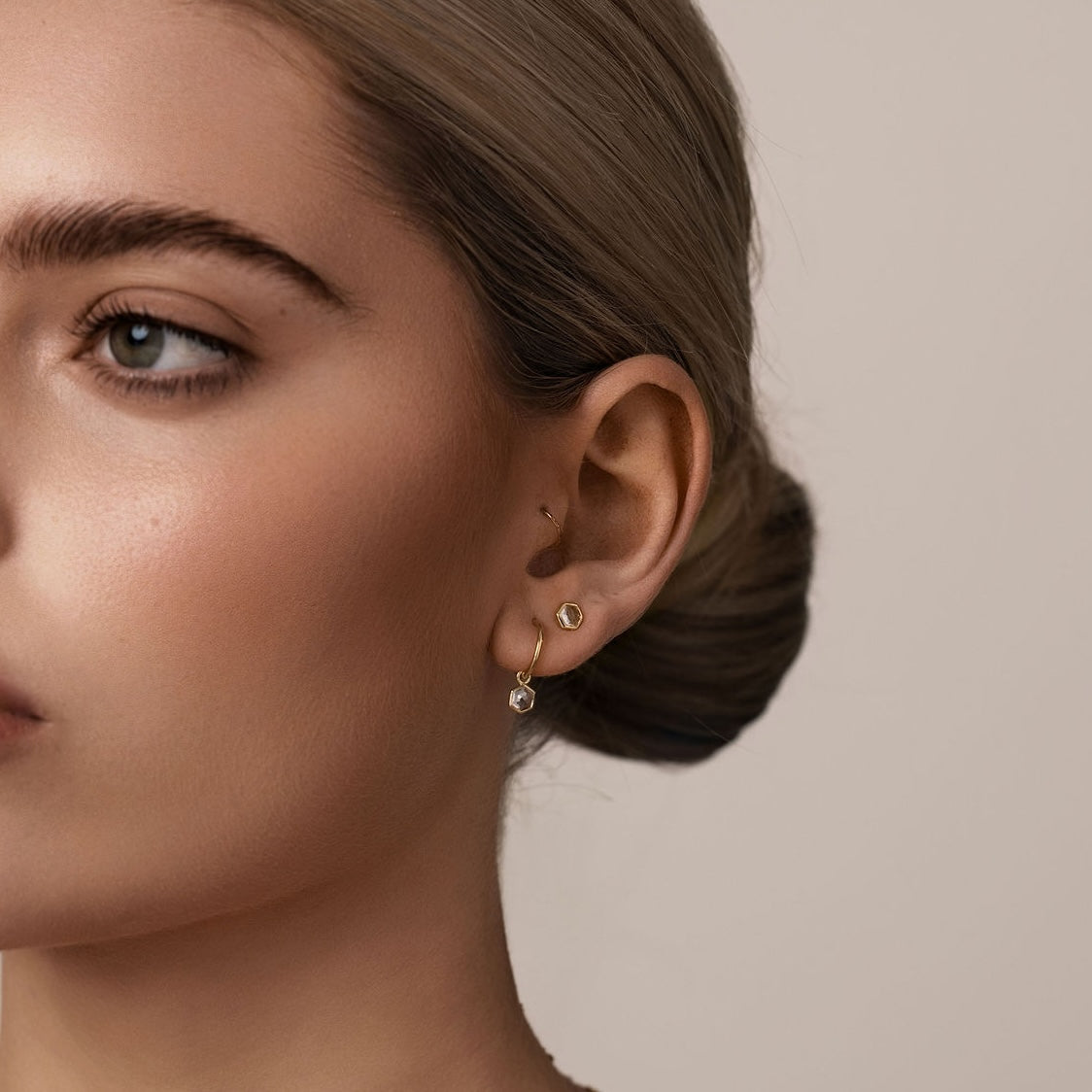 Silk & Steel Mini Harmony hoops and studs with natural crystal quartz in 14k gold-plated sterling silver