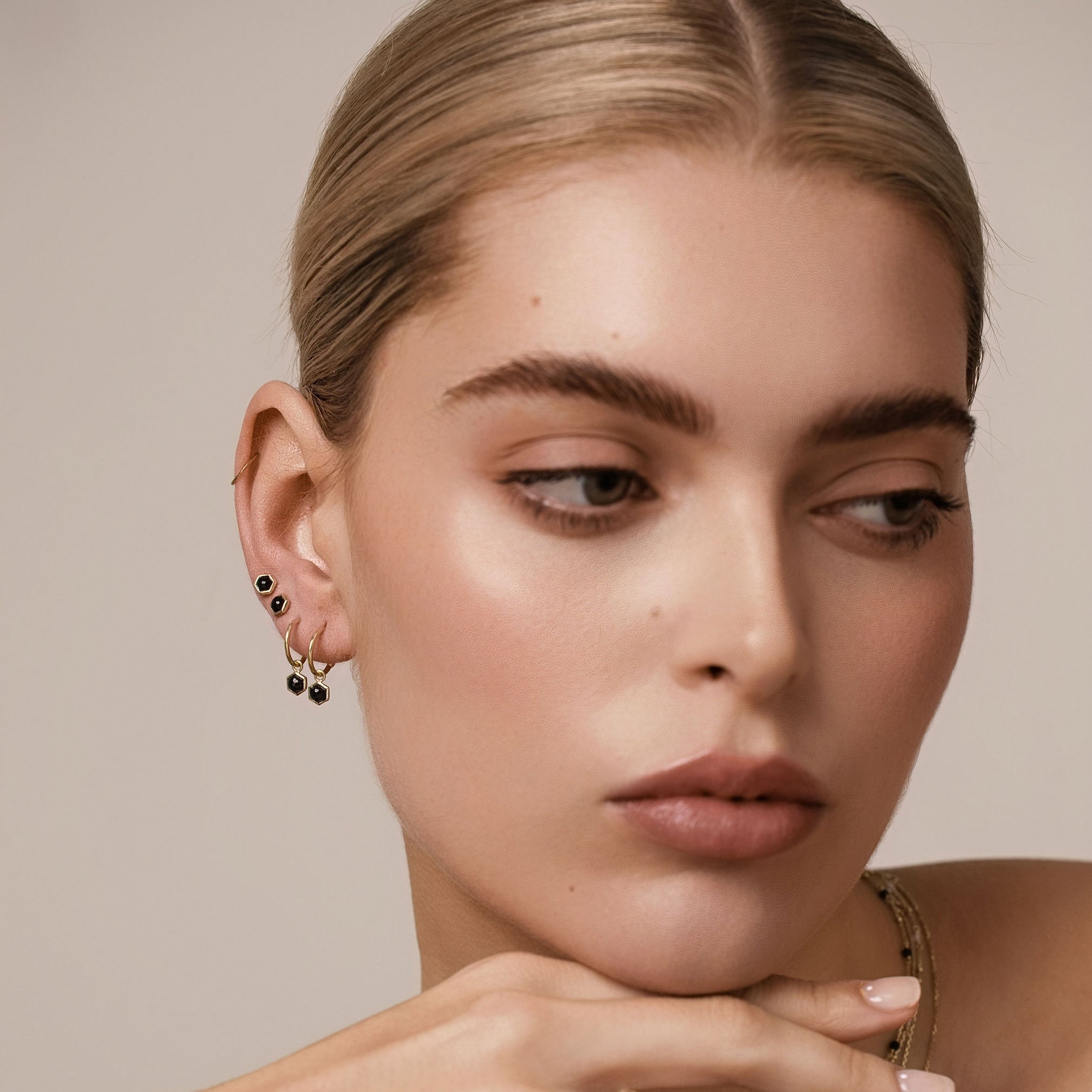 Silk & Steel Mini Harmony hoops and studs with natural black spinel in 14k gold-plated sterling silver
