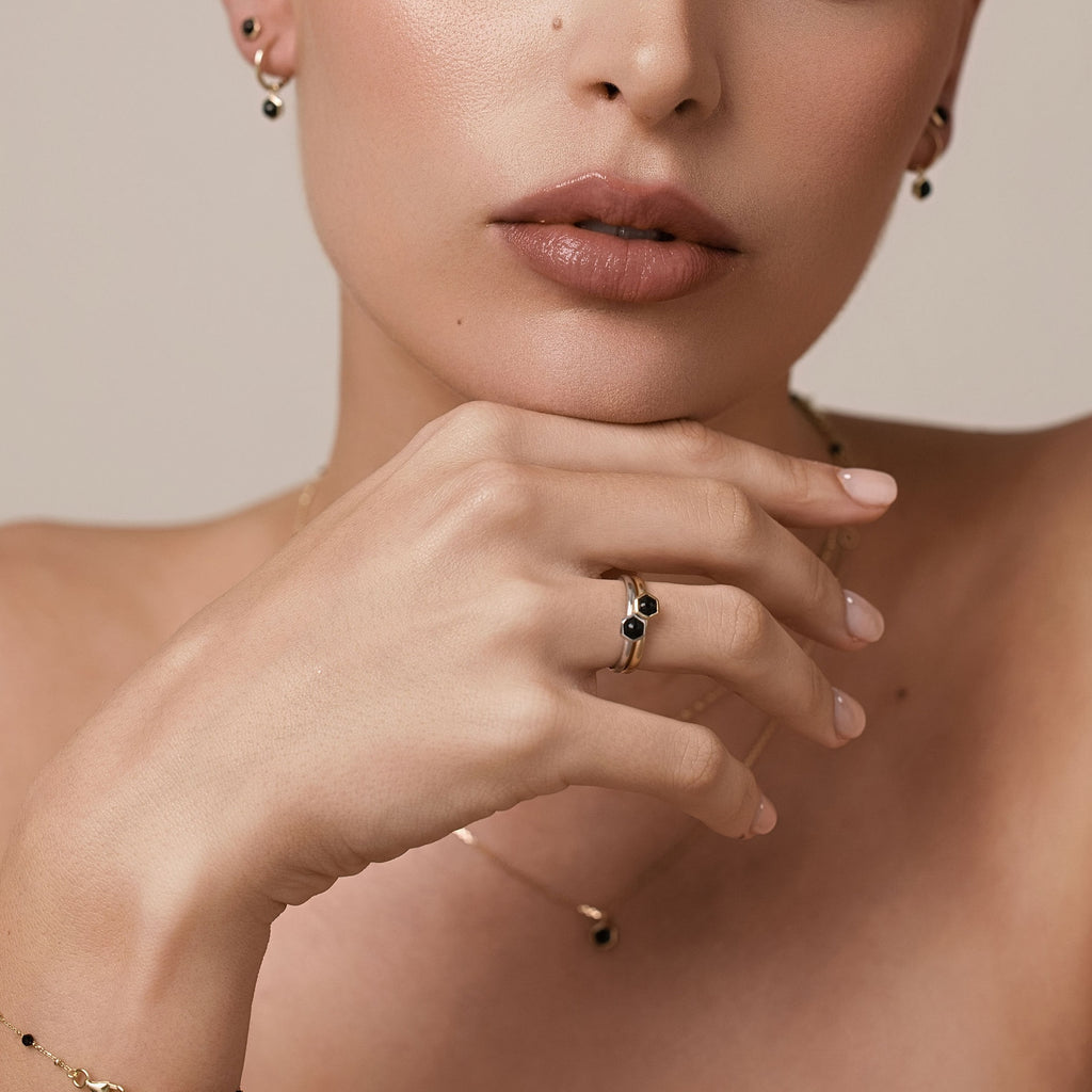 Silk & Steel Mini Harmony rings with natural black spinel in 14k gold and rhodium-plated sterling silver