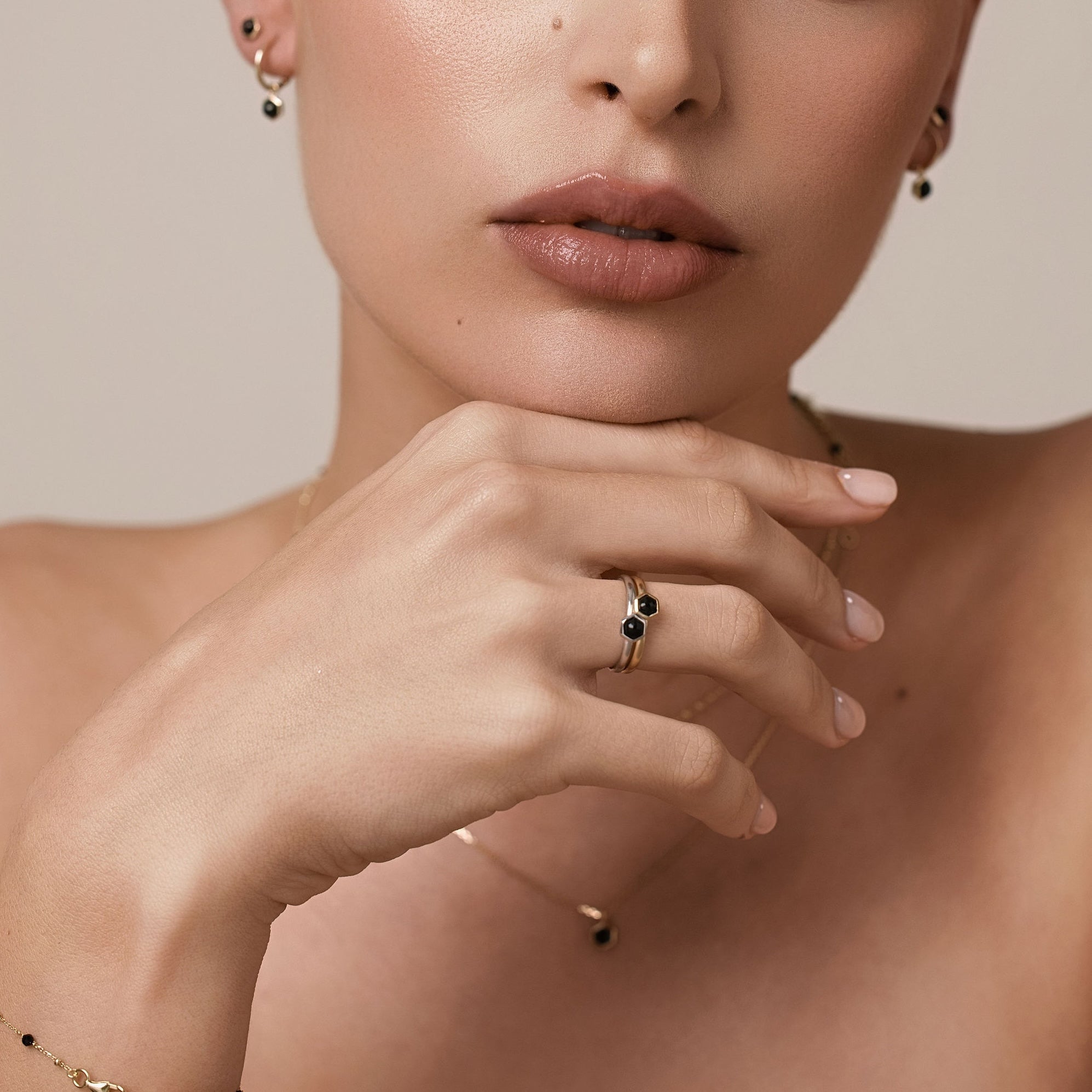 Silk & Steel Mini Harmony rings with natural black spinel in 14k gold and rhodium-plated sterling silver