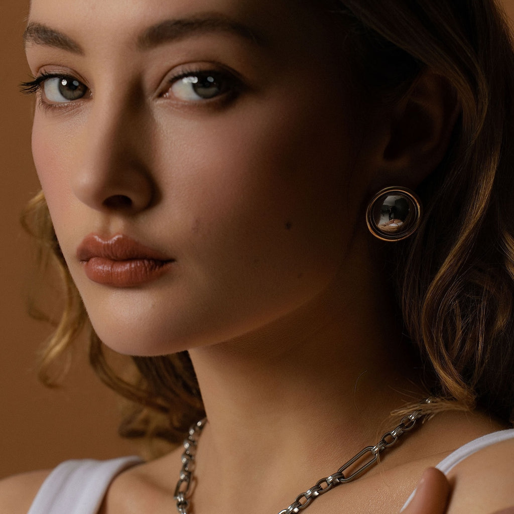 Silk & Steel Two Tone Globe Earrings in 14k gold-plated and high polish silver stainless steel.
