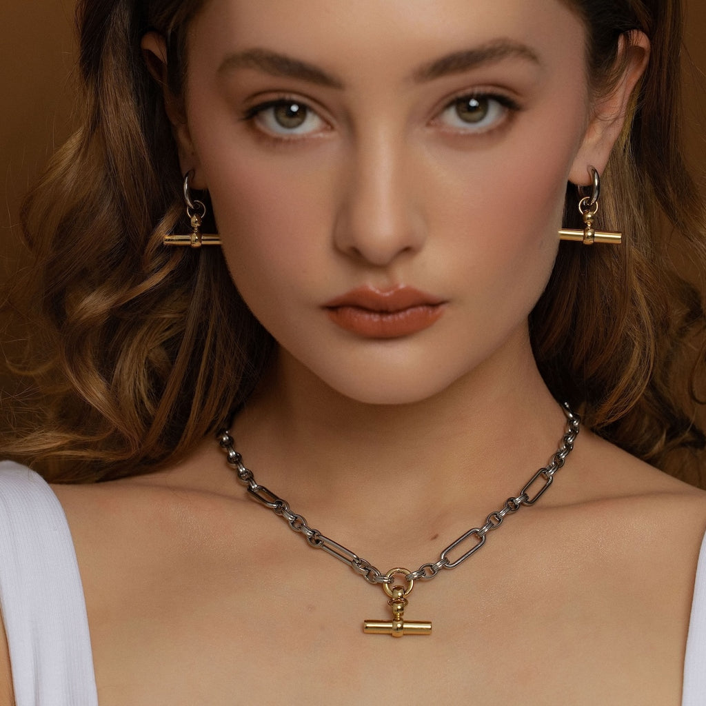 Silk & Steel Atlas Two Tone Necklace and Hoops in 14k gold and rhodium-plated stainless steel.