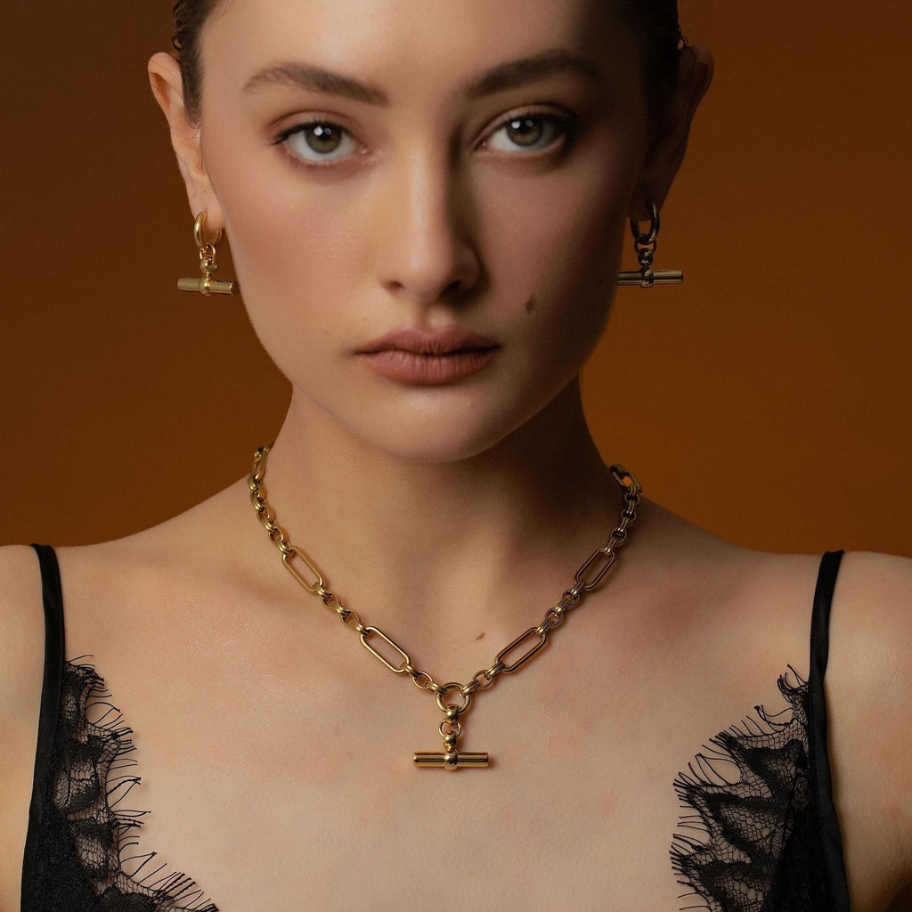 Silk & Steel Atlas Hoops and Necklace in 14k gold-plated stainless steel.