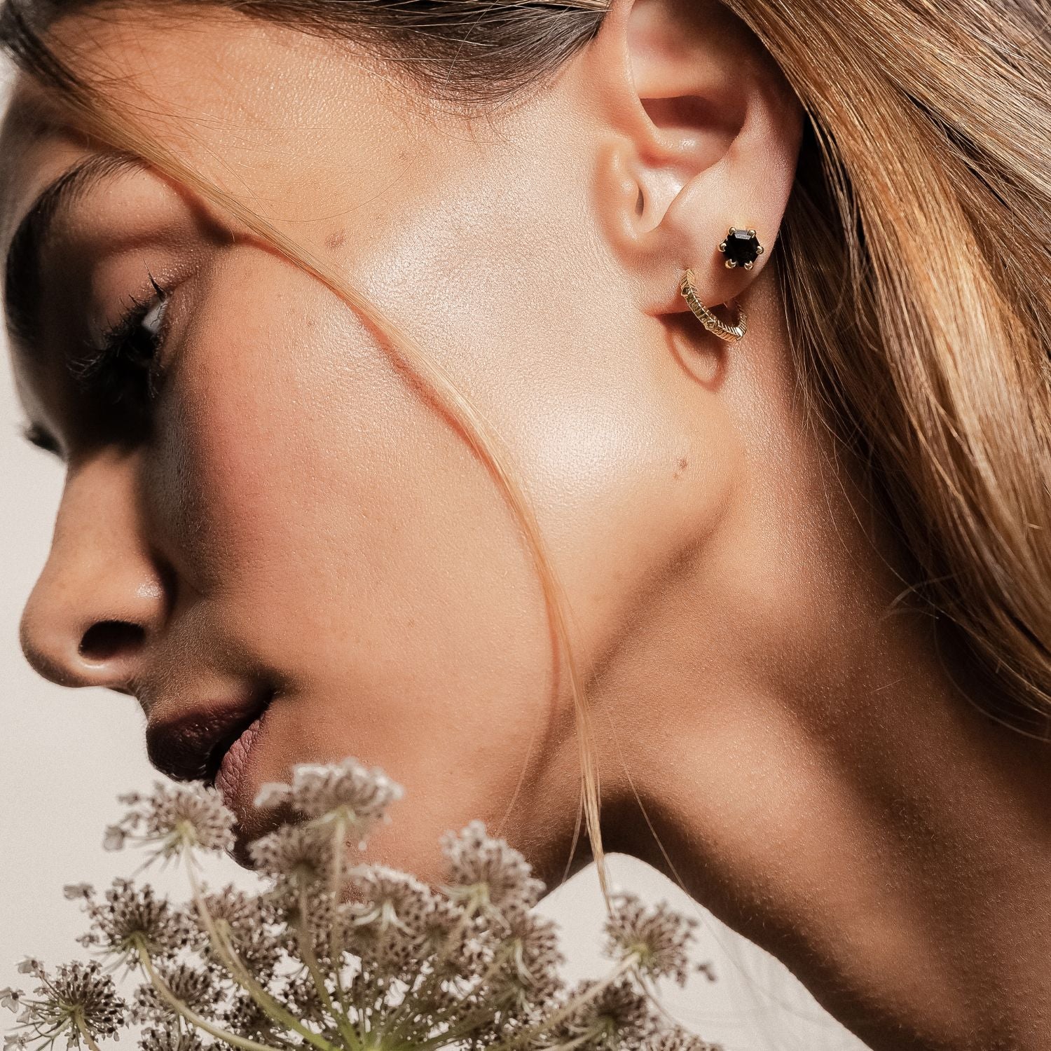 Silk & Steel Harmony stud earrings with black spinel in 14k gold-plated sterling silver.