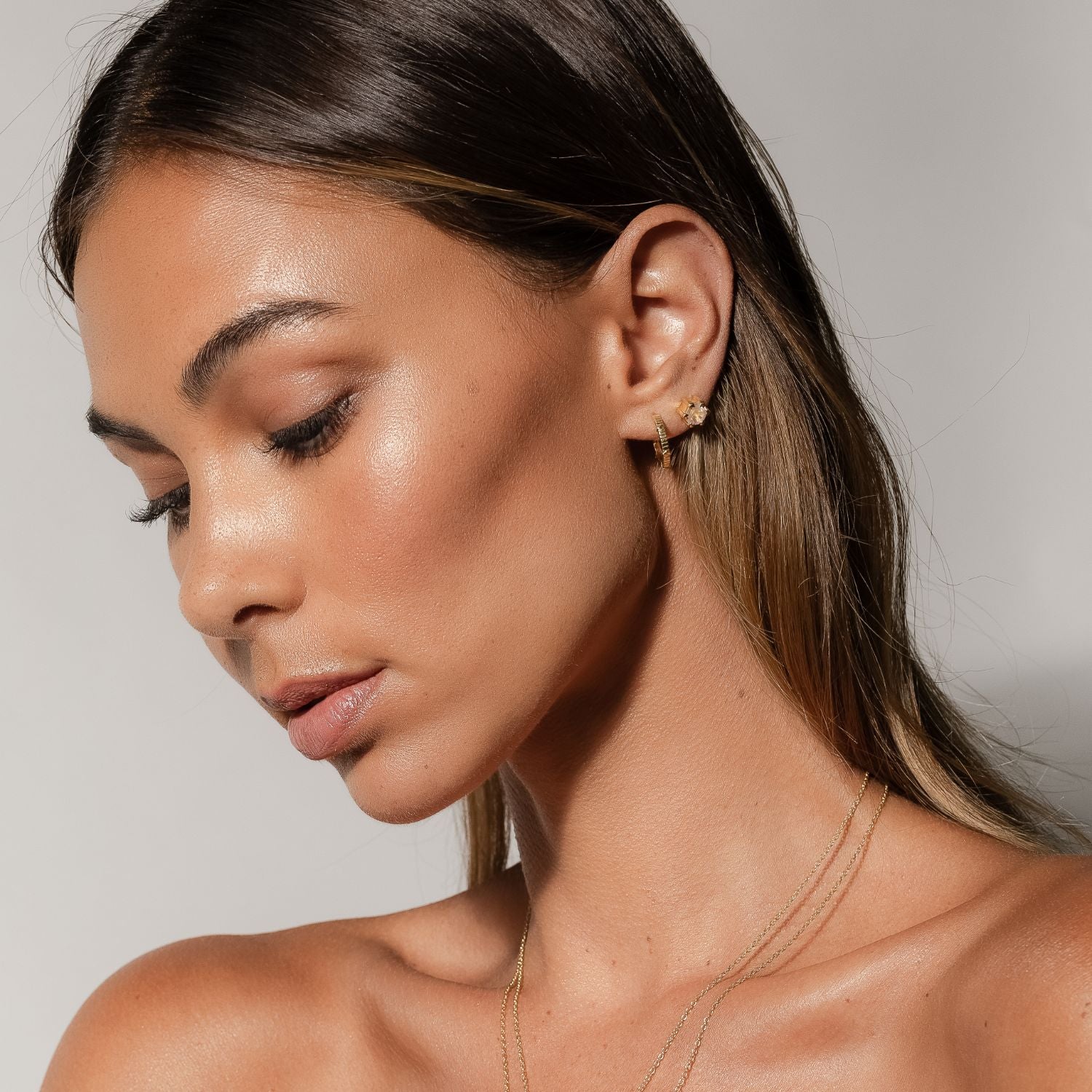 Silk & Steel Harmony stud earrings with rose quartz in 14k gold-plated sterling silver.