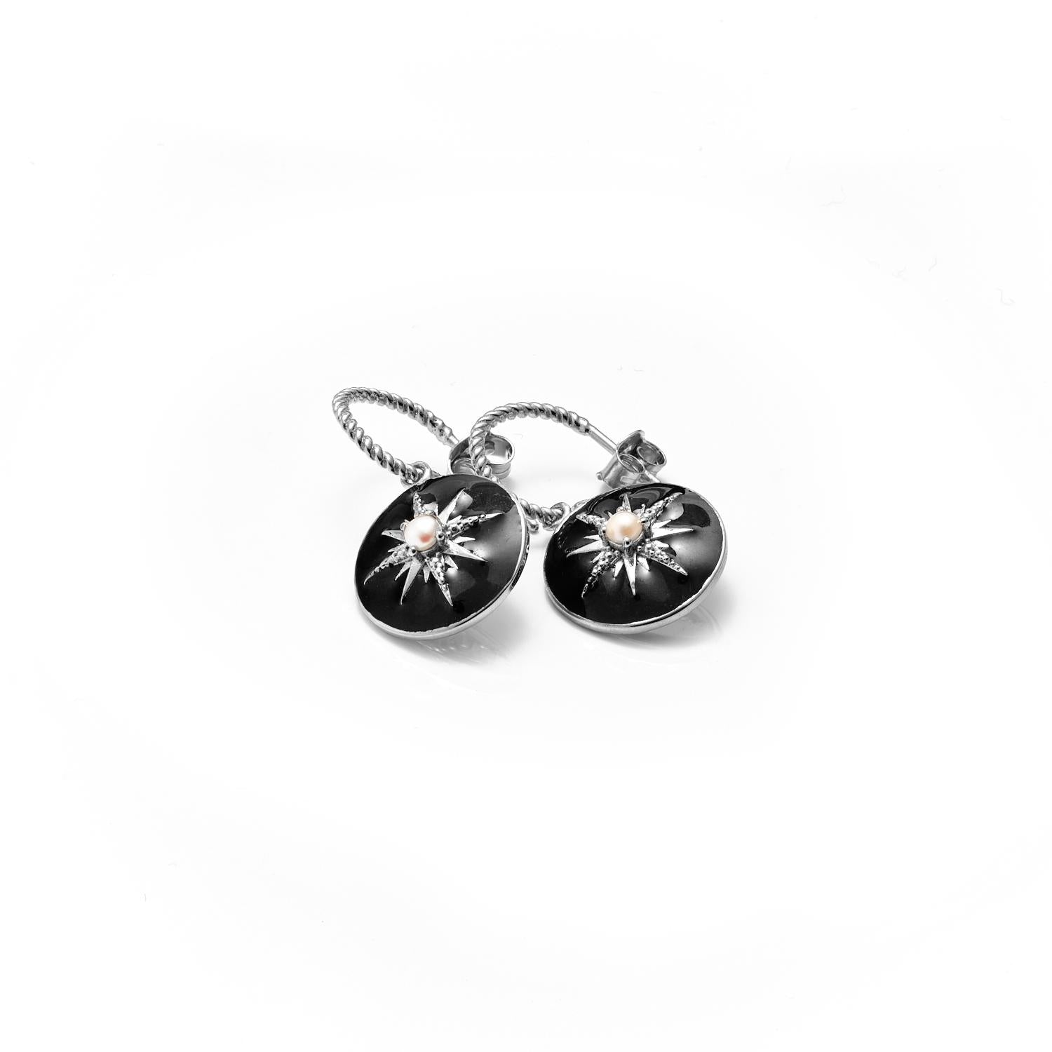 Silk & Steel Jewellery Noire Hoop Earrings Black + Pearl + Silver