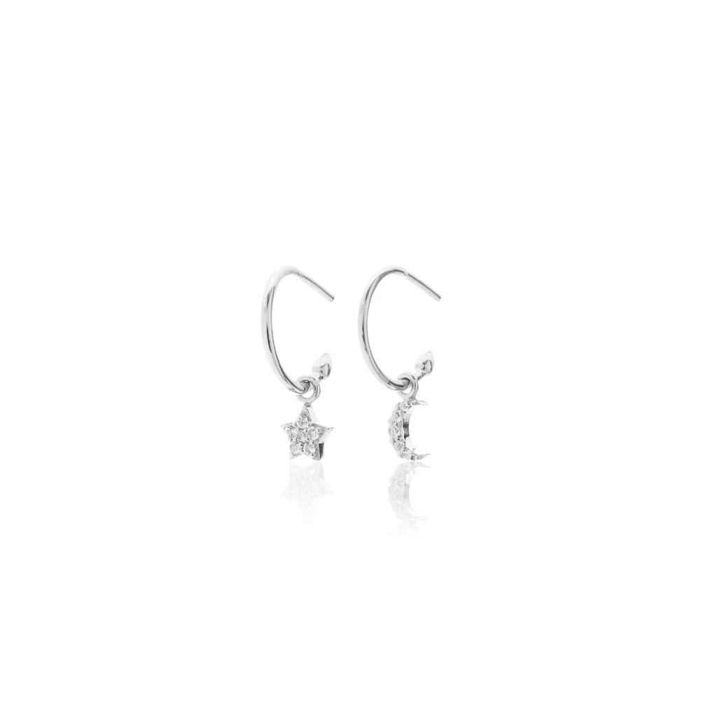 Silk & Steel Superfine Celestial Star and Moon Hoop Earrings Silver