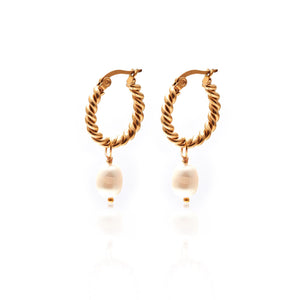 Silk & Steel Jewellery Tresor Hoop Earrings Pearl + Gold Stainless Steel