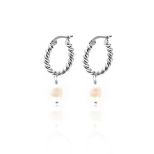 Silk & Steel Jewellery Tresor Hoop Earrings Pearl + Silver Stainless Steel