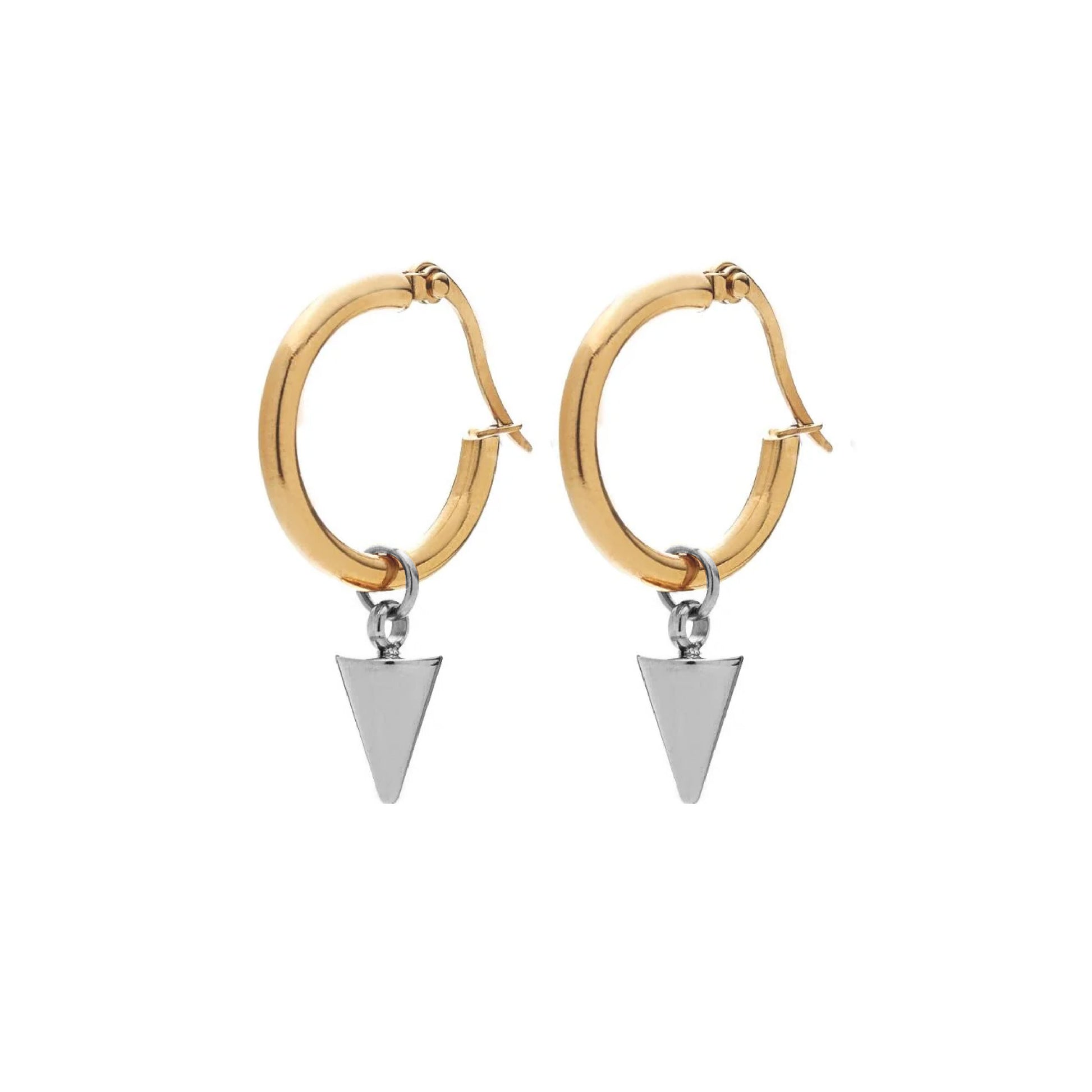 Kate Hoops in 14k gold-plated stainless steel hoops with silver spike pendants