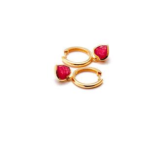 Silk & Steel Aphrodite Heart Sleeper Hoop Earrings- Ruby Quartz + Gold