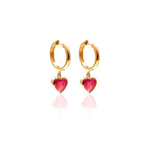 Silk & Steel Aphrodite Heart Sleeper Hoop Earrings- Ruby Quartz + Gold