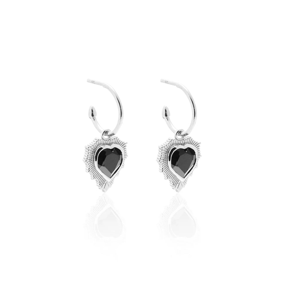 Silk & Steel Amour Radiating Heart Hoops in Black Spinel + Silver