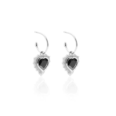 Silk & Steel Amour Radiating Heart Hoops in Black Spinel + Silver