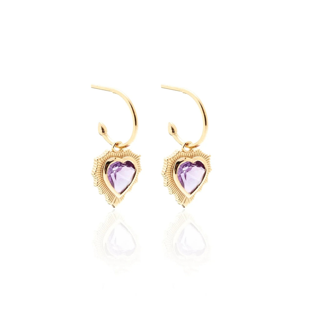Silk & Steel Amour Radiating Heart Hoops in Brazilian Amethyst + Gold