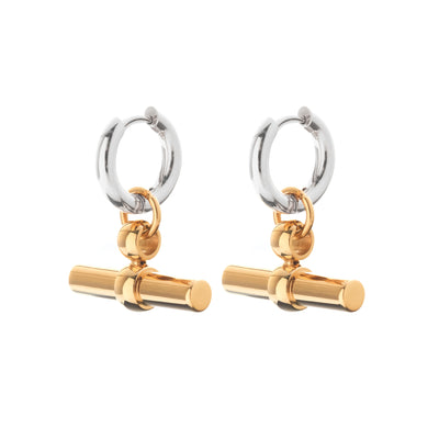 Silk & Steel Atlas Two Tone Hoop Earrings in high polish silver and 14k gold-plated stainless steel.