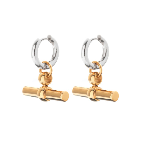Silk & Steel Atlas Two Tone Hoop Earrings in high polish silver and 14k gold-plated stainless steel.