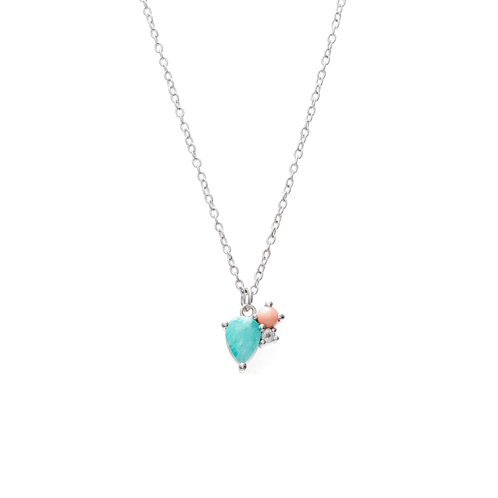 Silk & Steel Bloom Necklace in Silver with Amazonite, Rose Quartz and Pink Opal Gemstones