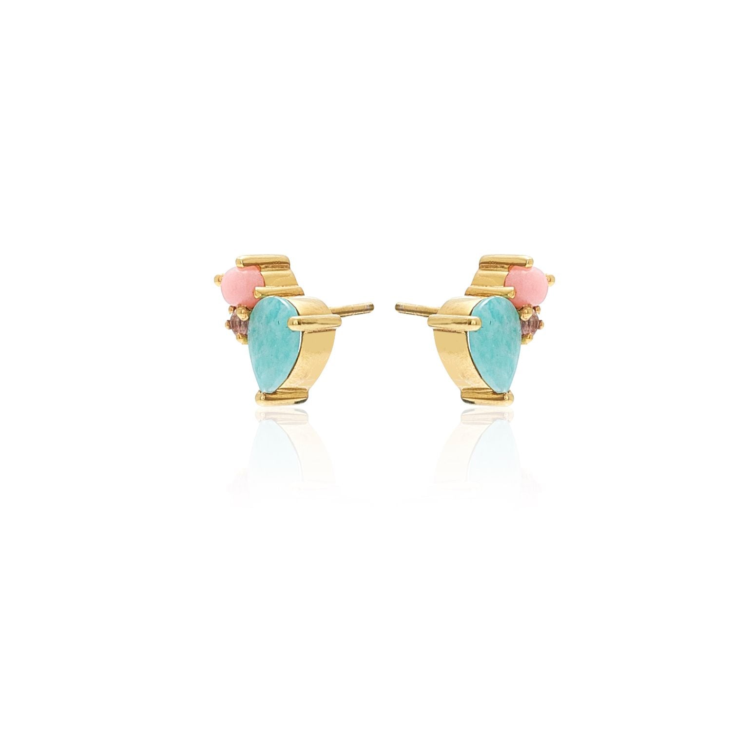 Silk & Steel Bloom Stud Earrings in Gold with Amazonite, Rose Quartz and Pink Opal Gemstones