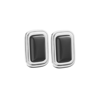 Silk & Steel Eclipse Earrings in polished stainless steel with hand-carved natural black onyx.