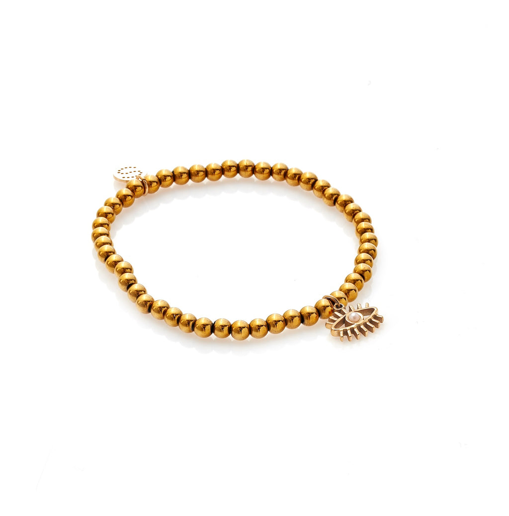 Silk & Steel Guardian beaded bracelet in gold hematite with gold pearl.