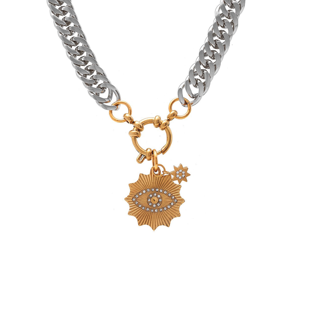 Silk & Steel Nova two tone necklace with cubic zirconia in silver and gold-plated stainless steel.