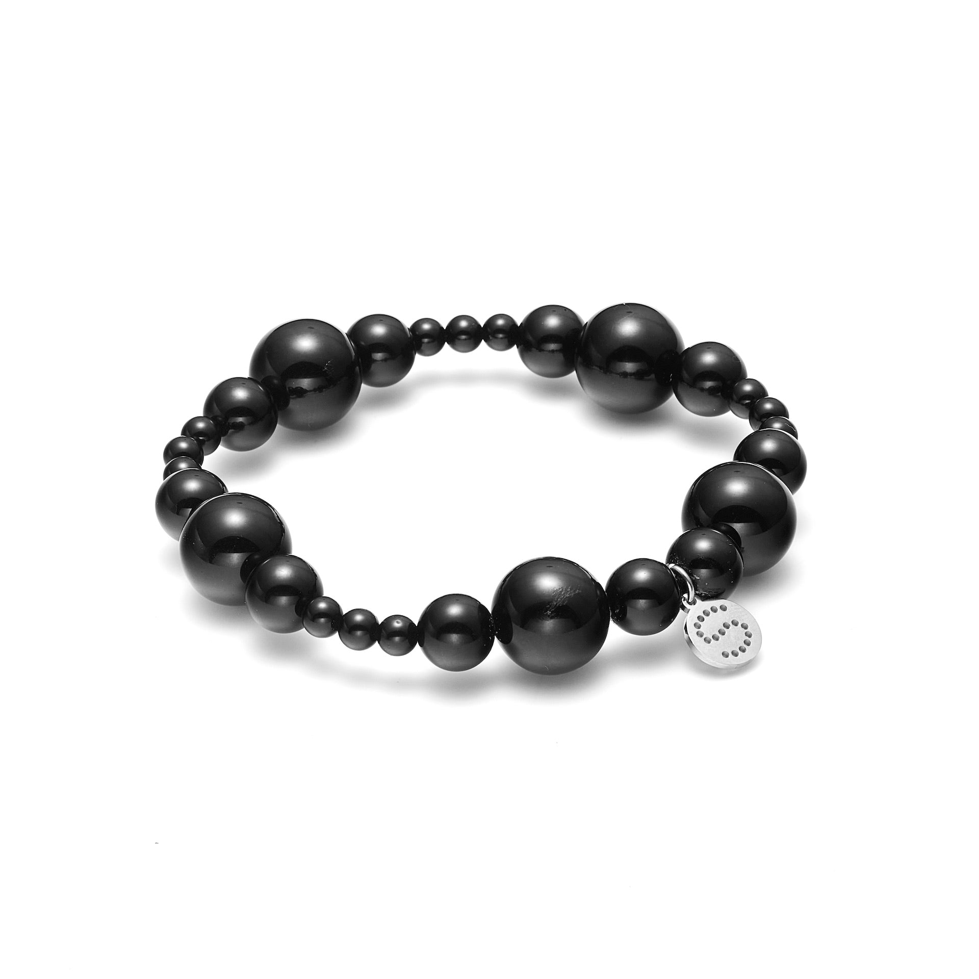 Black Onyx Beaded Bracelet with silver stainless steel charm