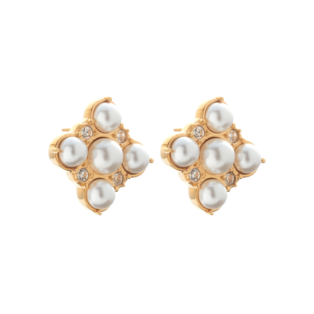 Silk & Steel Perla Studs with faux pearls and cubic zirconias in 14k gold-plated stainless steel.