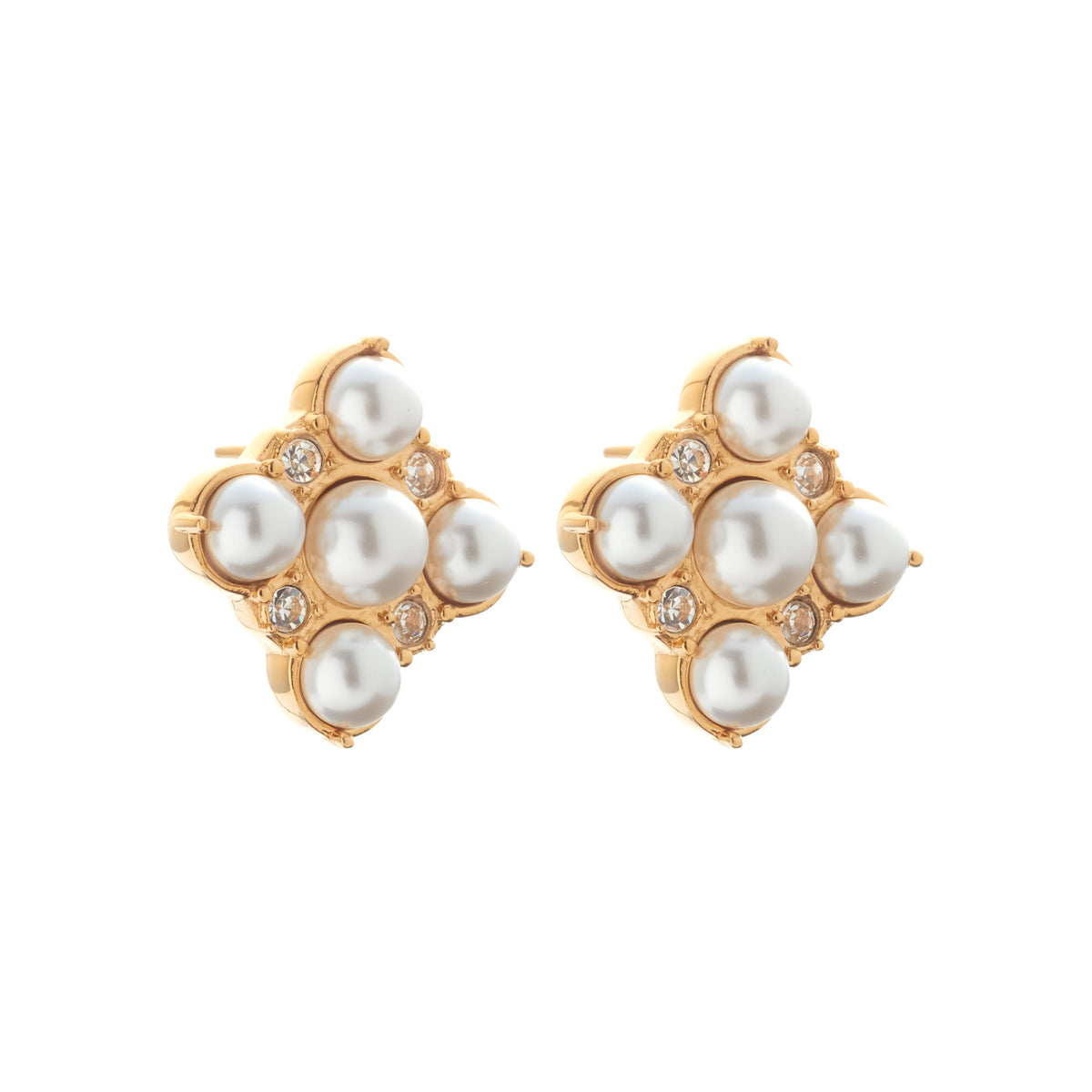 Silk & Steel Perla Studs with faux pearls and cubic zirconias in 14k gold-plated stainless steel.