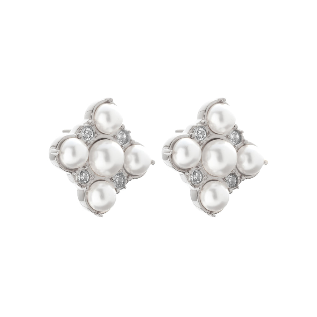 Silk & Steel Perla Studs with faux pearls and cubic zirconias in high polish stainless steel.